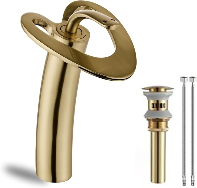 Tall Brushed Gold Waterfall Unique Bathroom Faucets, Single Lever 1 Hole Vessel Sink Faucets for Bathroom Vanity, Hot Cold Mixer Tap with Supply Hoses and Pop up Drain, llaves para lavamanos de baño