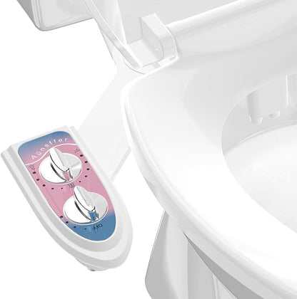 Toilet Bidet Attachment for Toilet, No-Electric Fresh Cold Water with Dual Nozzles Sprayer, 3 Wash Modes (Feminine/Bidet Wash + Self-Cleaning)，Fits Standard Toilet Bowl, Blue Pink