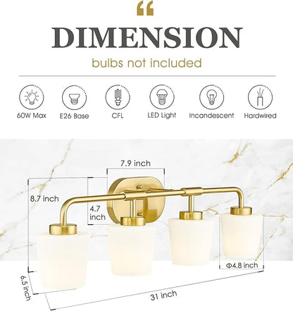 Bathroom Light Fixtures Over Mirror, 4-Light Brushed Gold Vanity Lighting Fixtures with Milk White Glass, Farmhouse Champagne Bronze Wall Sconces Lighting, AD-22004-4W-GD