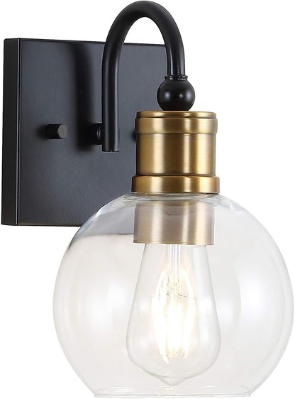 JONATHAN Y 5.88" Black/Brass Gold 1-Light Vintage Wall Sconce, LED Vanity Light for Bathroom Bedroom Entryway, Clear Glass Globe Shade, Modern Industrial Arched Lamp, LED Bulb Included JYL3526A