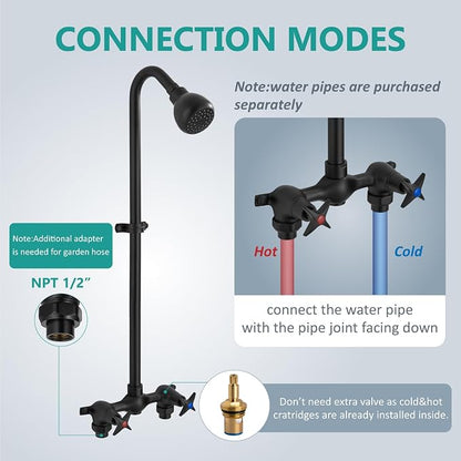 Aolemi Outdoor Shower Kit, 6-Inch Center, 2-Handle, Matte Black | Solid Brass Mixer Valve, SUS304 Shower Pipe, Dual-Handle Hot And Cold Control, Reversible Inlets, and Rotating Head