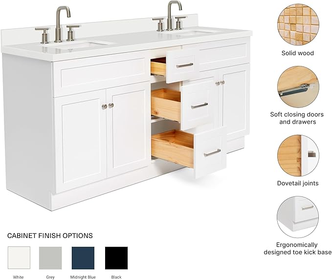 ARIEL Hamlet 72-inch Bathroom Vanity with Sink,Solid Wood, 1.5-inch Pure White Quartz Countertop & Backsplash, Double Rectangular Porcelain Sink, 4 Soft Closing Doors, 3 Dovetail Drawers, White