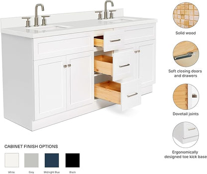 ARIEL Hamlet 72-inch Bathroom Vanity with Sink,Solid Wood, 1.5-inch Pure White Quartz Countertop & Backsplash, Double Rectangular Porcelain Sink, 4 Soft Closing Doors, 3 Dovetail Drawers, White