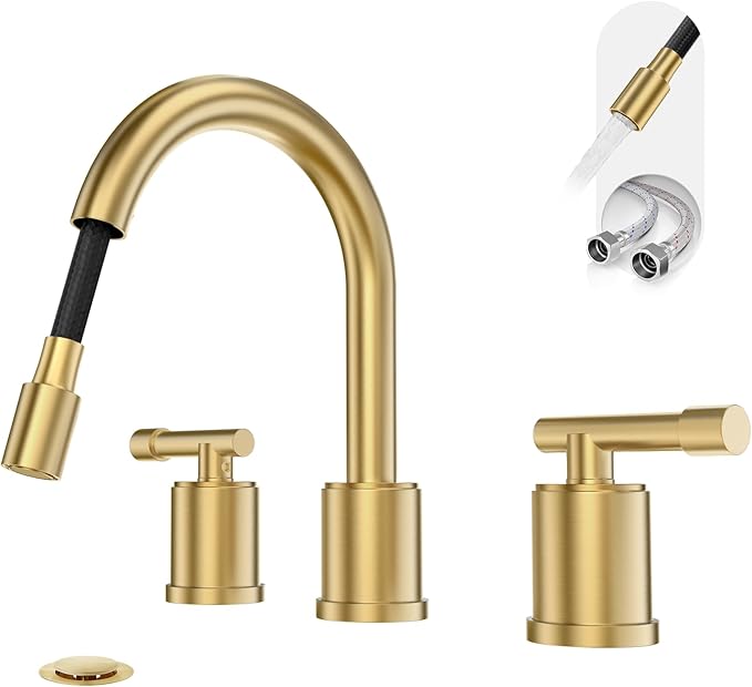 Phiestina Brushed Gold Bathroom Faucet Pull Down- 8 Inch Widespread 3-Hole with Pull-Out Sprayer,Lead-Free Stainless Steel,Metal Pop-Up Drain,Water Supply Lines,2 Handles,WFZY01CL-BG