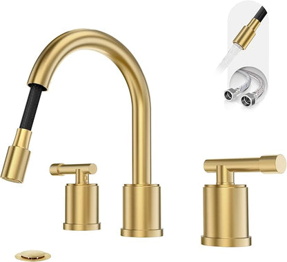 Phiestina Brushed Gold Bathroom Faucet Pull Down- 8 Inch Widespread 3-Hole with Pull-Out Sprayer,Lead-Free Stainless Steel,Metal Pop-Up Drain,Water Supply Lines,2 Handles,WFZY01CL-BG