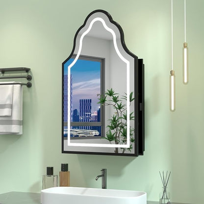 Black Lighted Medicine Cabinet with Mirror, 20''x32'' Surface or Recessed Irregular Bathroom Mirrors with Storage, Anti-Fog Dimmable LED Medicine Cabinet for Bathroom, 3 Color Temperature