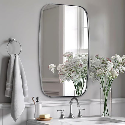 Brushed Nickel Bathroom Mirror, 24x40” Oblong Mirror with Stainless Steel Metal Frame, Silver Oval Vanity Mirror for Over Sink, Modern Anti Rust Wall Mounted