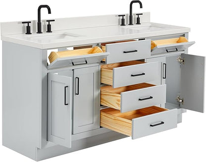 ARIEL Hepburn 66-inch Bathroom Vanity with Sink,Solid Wood, 1.5-inch Pure White Quartz Countertop & Backsplash, Double Rectangular Porcelain Sink, 4 Soft Closing Doors, 6 Dovetail Drawers, Grey