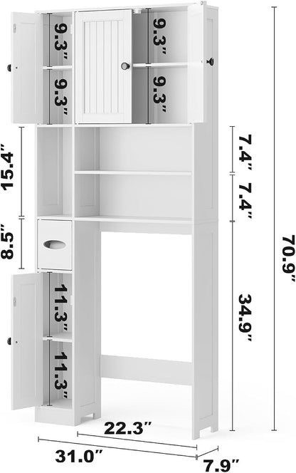 Ahomly Over The Toilet Storage Cabinet, with Five Doors, White | Over Toilet Bathroom Organizer with Adjustable Shelves, Above Toilet Storage Cabinet for Bathroom, Restroom, Laundry