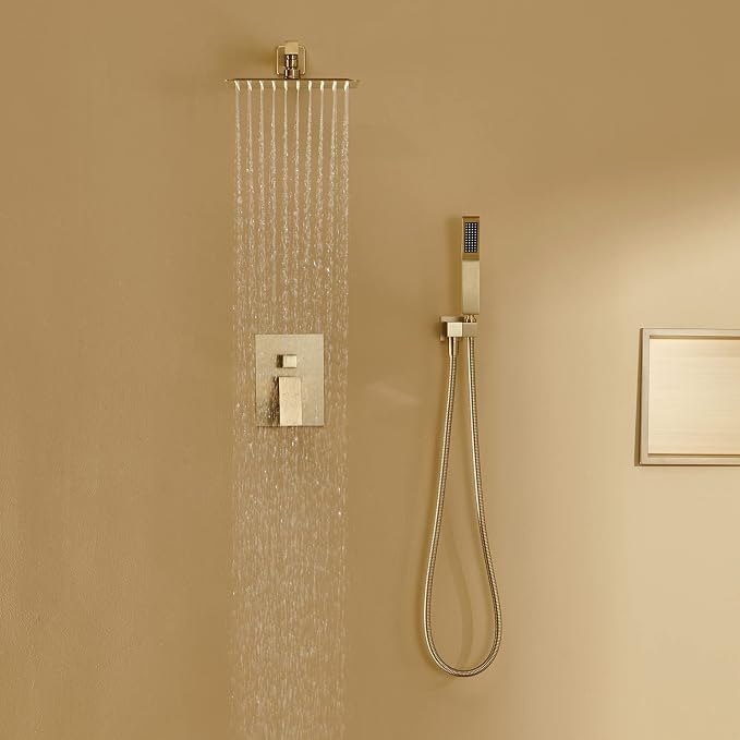 Shower System 10 Inches Rain Shower Combo Set Brushed Gold Wall Mount Faucet Bathroom Faucets with Rainfall Shower Head and Hand Shower