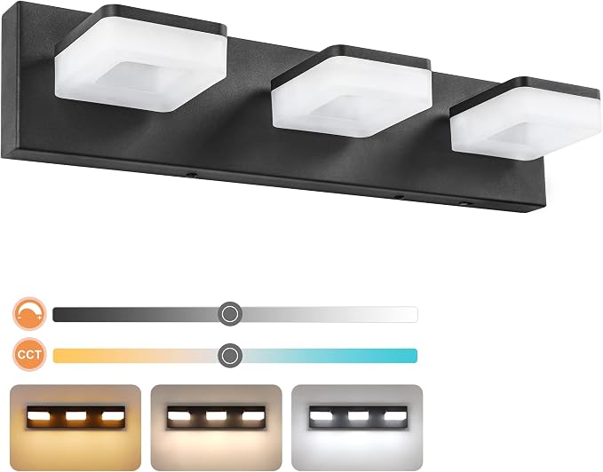 GOODATE 3 Colors Dimmable Black Bathroom Light Fixtures Over Mirror, LED Vanity Lights, Acrylic Stainless Steel 3 Light Bathroom Vanity Light Fixtures, Adjustable 3000K/4000K/6000K, 360° Rotate