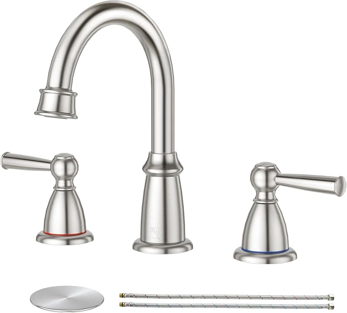 CREA 2 Handles Bathroom Faucet 3 Hole,8 Inch Widespread Bathroom Faucets with Pop Up Drain for Sink Overflow,3 Pieces Brushed Nickel Faucet for Bathroom Vanity Basin Mixer Tap(cPUC Supply Line)