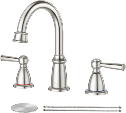 CREA 2 Handles Bathroom Faucet 3 Hole,8 Inch Widespread Bathroom Faucets with Pop Up Drain for Sink Overflow,3 Pieces Brushed Nickel Faucet for Bathroom Vanity Basin Mixer Tap(cPUC Supply Line)