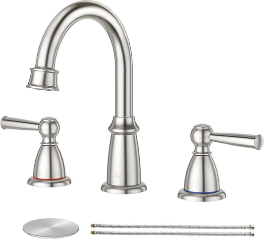 CREA 2 Handles Bathroom Faucet 3 Hole,8 Inch Widespread Bathroom Faucets with Pop Up Drain for Sink Overflow,3 Pieces Brushed Nickel Faucet for Bathroom Vanity Basin Mixer Tap(cPUC Supply Line)