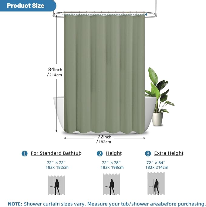 2-in-1 Waterproof Fabric Shower Curtain - No Separate Liner Needed, Hotel-Style Waffle Weave, Effortless Cleaning & Washable Bathroom Shower Curtain Set,72Wx84H,SageGreen