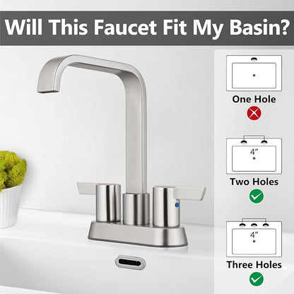 Brushed Nickel Waterfall Bathroom Faucet 4 Inch Centerset,2-Handle | Stainless Steel 3-Hole Deck-Mount Design Includes Supply Lines and Pop-Up Drain for a Complete Vanity Installation