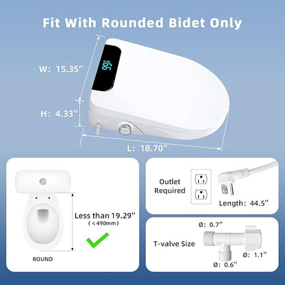 Electric Bidet Toilet Seat Round - Smart Heated Toilet Seat with Remote Control, Instant Warm Water, Self-Cleaning Nozzle, Warm Air Dryer, Feminine Wash, Soft Close, LED Display