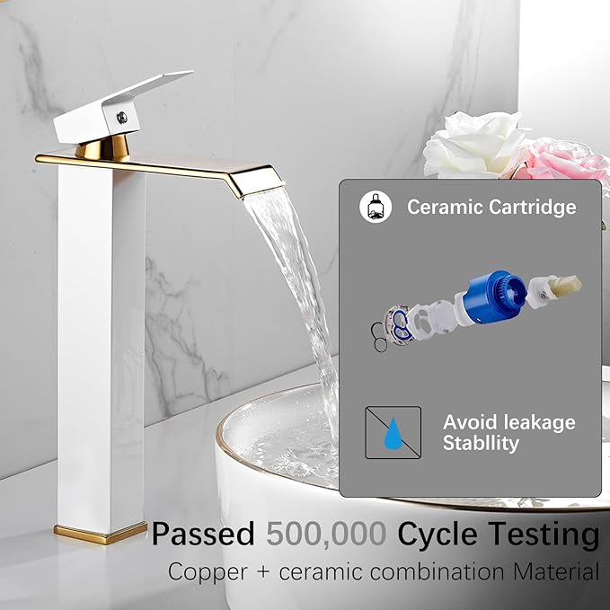 White Gold Faucet Bathroom Vessel Sink Golden Waterfall Spout Faucet Single Handle Bowl Sink Faucet Modern Single Hole Basin Vanity Tall Bathroom Sink Faucet with Pop Up Drain Stopper Supply Hose