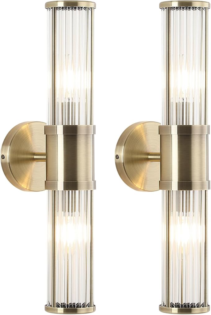 Brushed Bronze Wall Sconces Set of Two, Bathroom Sconces with Glass Rods Shade, Modern Vanity Sconces Lighting Over Mirror, Wall Light Fixtures for Living Room Bedroom (Bulbs Not Included)