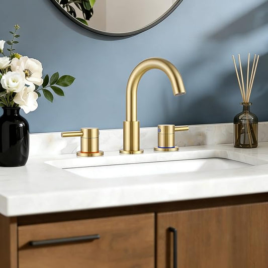 FGKQ Bathroom Faucet for Sink 3 Hole Brushed Glod, Bathroom Sink Faucet with Pop Up Drain, 8 Inch Widespread Vanity 3 Hole, 360° Swivel Two Handle with Supply Lines