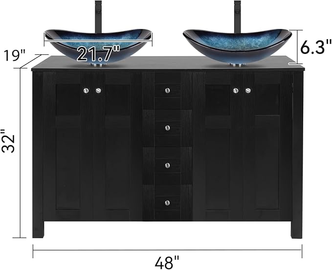48 Inch Bathroom Vanity with Sink, Traditional Freestanding Black Bathroom Vanity Cabinet, Pedestal Cabinet with Two Boat Blue Glass Vessel Sinks