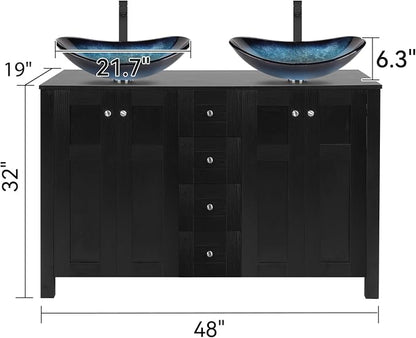 48 Inch Bathroom Vanity with Sink, Traditional Freestanding Black Bathroom Vanity Cabinet, Pedestal Cabinet with Two Boat Blue Glass Vessel Sinks