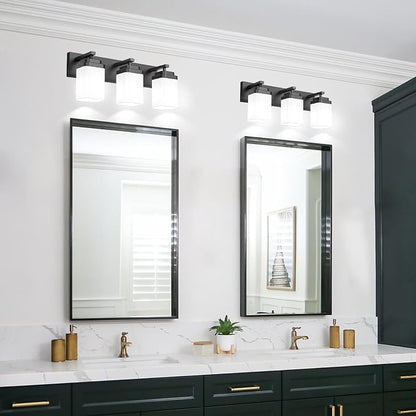 Matte Black Bathroom Light Fixtures, 3 Lights Bathroom Lighting Fixtures Over Mirror, Square Design & Rectangle Large Backplate, Modern Vanity Lighting Fixtures, for Living Room/Bedroom