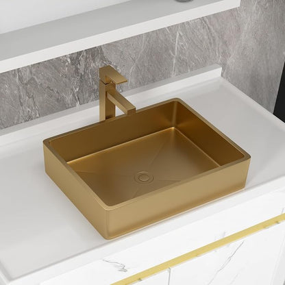 Gold Vessel Sink Stainless Steel - Fulorni 19"x15" Bathroom Vessel Sink Gold 16 Gauge Nano Titanium Plating Above Counter Rectangle Vanity Lavatory Bath Sink Basin