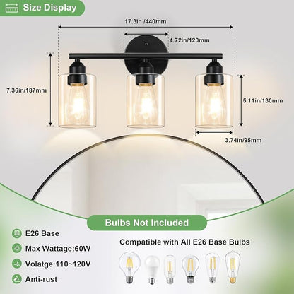 3-Light Bathroom Vanity Light Fixture, Black with Clear Amber Glass,17.3'' | Modern Wall Lamp, For Mirror