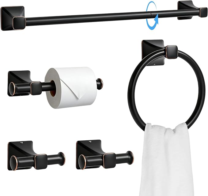 SUS304 Stainless Steel Bathroom Hardware Set, 5-Piece Matte Black Wall Mounted Towel Rack Accessories Set, 24 Inch Towel Bar, Towel Ring, Toilet Paper Holder, Towel Hooks, Multipurpose for Bathroom