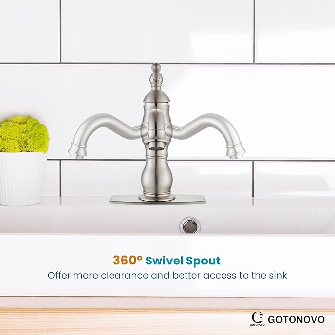 gotonovo Bathroom Faucet 1 Hole Vintage,Brushed Nickel,7.1” Spout Reach | Bathroom Sink Faucet for 1 or 3 Hole Single Handle,Deck Plate,360° Swivel Spout,Pop Up Drain,cUPC Supply Hoses,for Vanity RV