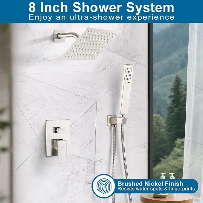 Shower System Brushed Nickel Bathroom Rainfall Shower Faucet Set Complete Wall Mounted 8 Inch Shower Head and Handle Set with Rough-in Valve Body and Trim Kit