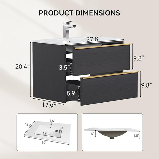 Floating Bathroom Vanity with Sink Wall Mounted Cabinet with 2 Soft-Close Drawers, Moisture-Resistant MDF,Large Storage for Small Space (Gray 30")