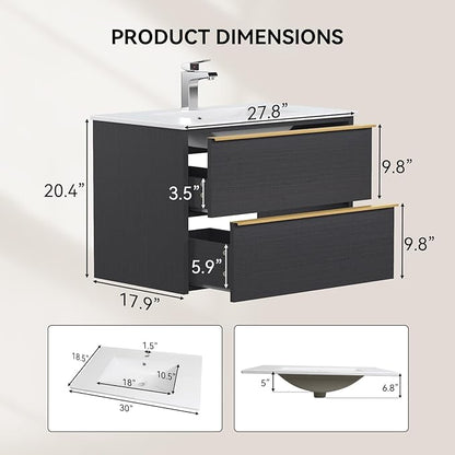 30 Inch Bathroom Vanity with Sink, Floating Vanity Bathroom, Modern Wall Mount Bathroom Cabinet, Double Drawers, Gold Handle, Suitable for All Kinds of bathrooms (with Sink, 30")