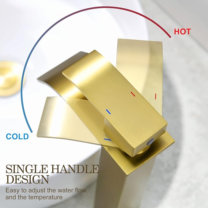 Gold Vessel Sink Facuet, Brushed Gold Tall Bathroom Sink Faucet Waterfall Bathroom Faucet for Vessel Sinks Single Handle Bathroom Vanity Faucet