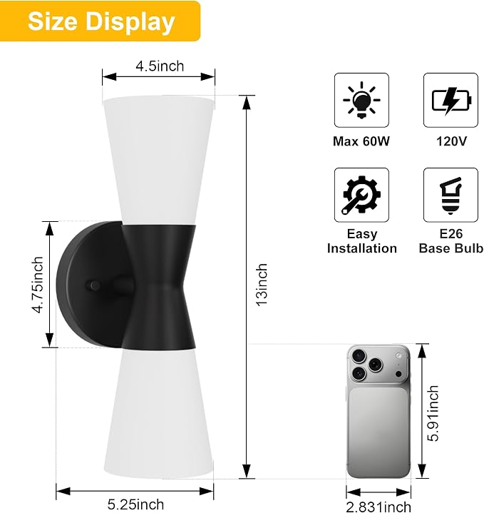 Bathroom Wall Sconce, Modern Indoor Vanity Light Fixtures 13", Up Down Lighting, Wall Mount Lamp for Living Room Bedroom Hallway Stairway Fireplace Mirror E26 Base 1PC White&Black