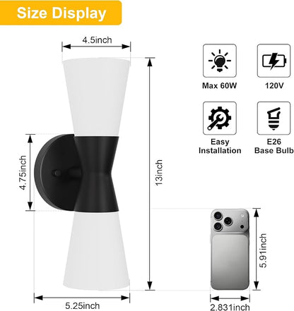 Wall Sconces Set of 2 for Bathroom, Modern Indoor Vanity Light Fixtures 13", Up Down Lighting, Wall Mount Lamp for Living Room Bedroom Hallway Stairway Fireplace Mirror E26 Base 2PC White&Black