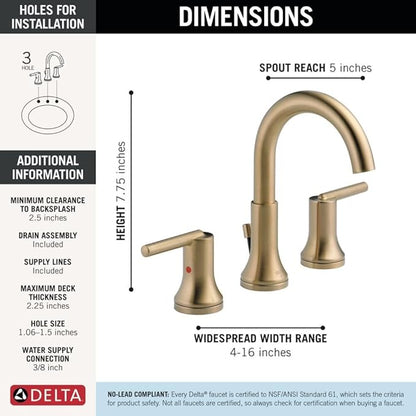 Delta Trinsic Brushed Gold Bathroom Faucet 3 Hole, 8 Inch Widespread Bathroom Sink Faucet for Vanity, Metal Push-Pop Drain Assembly, Champagne Bronze 3559-CZMPU-DST