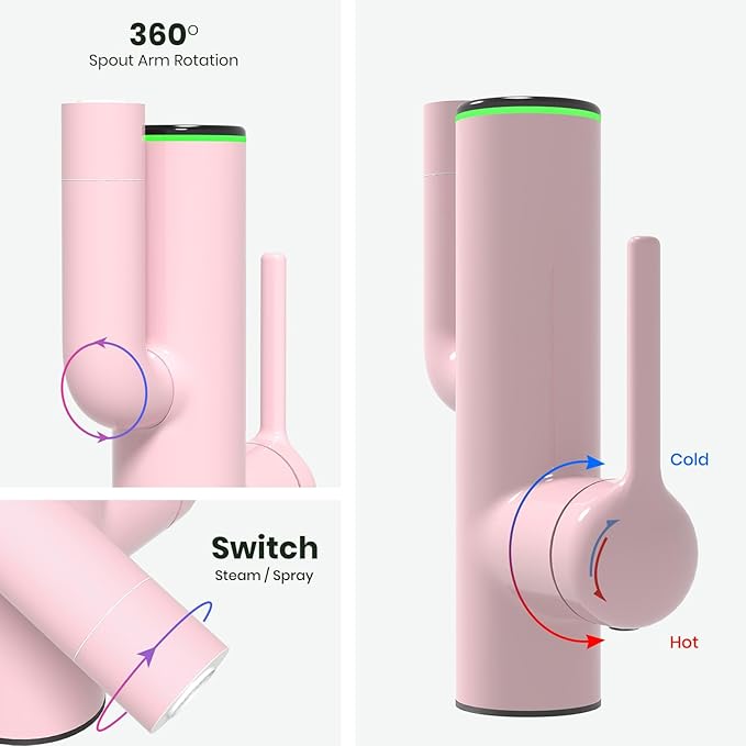Bathroom Sink Faucet, Cactus-Shaped, Single Hole with Water-Powered 3Colors LED Temperature Display and Adjustable Outlet, 2 Water Flow Modes with Supply Hoses, No Battery, Pink