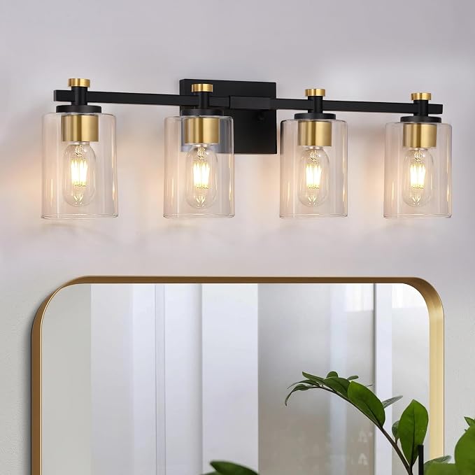 4 Light Bathroom Light Fixtures, Black and Gold Bathroom Vanity Light with Clear Glass Shade, Modern Bathroom Lights Over Mirror Wall Sconce, Brushed Gold Vanity Lights for Bathroom