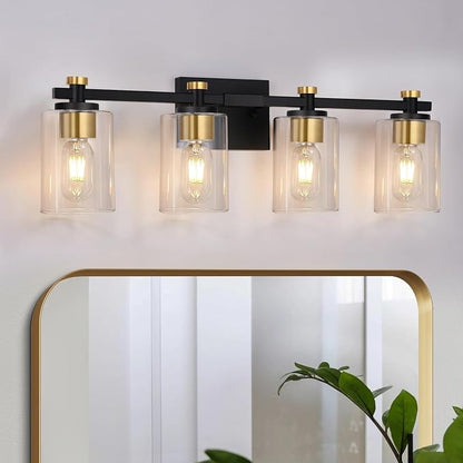 4 Light Bathroom Light Fixtures, Black and Gold Bathroom Vanity Light with Clear Glass Shade, Modern Bathroom Lights Over Mirror Wall Sconce, Brushed Gold Vanity Lights for Bathroom
