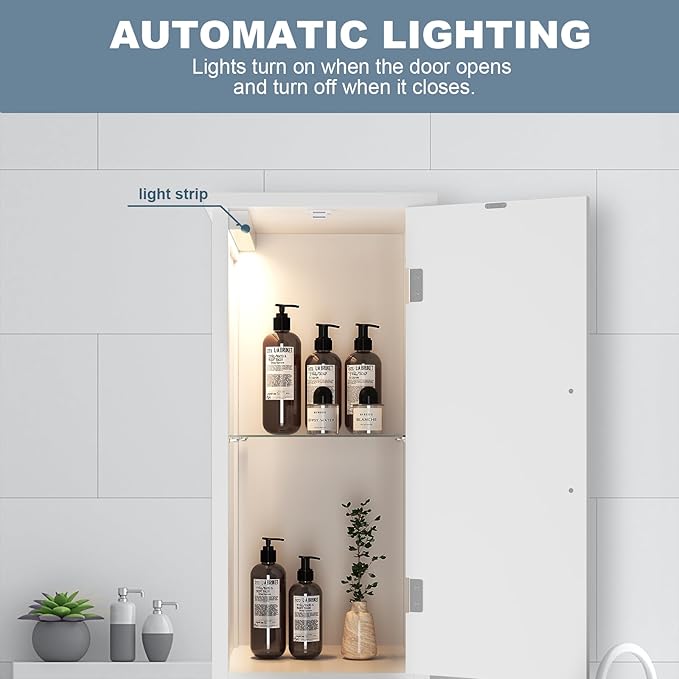 67" Tall Bathroom Storage Cabinet with Lights, Slim Narrow Bathroom Cabinet Organizer with Doors and Adjustable Shelves, Tall Cabinet for Small Space (66.9" Tall-White with Light) | with Lights, Slim, Narrow, with Doors, Adjustable Shelves, Tall Cabinet