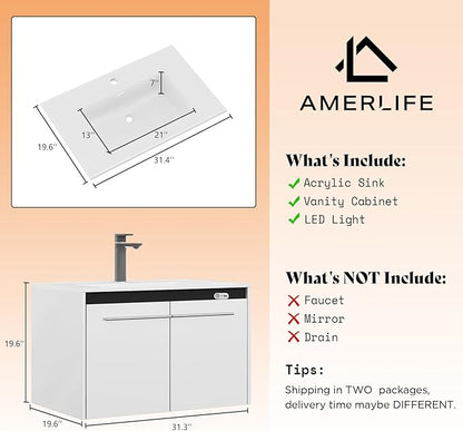 AMERLIFE 31" LED Floating Bathroom Vanity with Single Sink, Modern High Gloss Wall Mounted Bathroom Storage Cabinet with Metal Handles, White