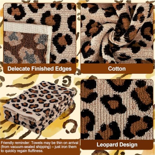 Whaline 2 Pcs Leopard Print Hand Towels Jacquard Cotton Bathroom Towel Brown Safari Animal Decorative Absorbent Bath Towel for Kitchen Dish Drying Cleaning Cooking, 13.8 x 29.5 Inch