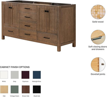 ARIEL Cambridge 66-inch Bathroom Vanity Base Cabinet,Solid Wood, 4 Soft Closing Doors, 6 Dovetail Drawers, Brown Oak