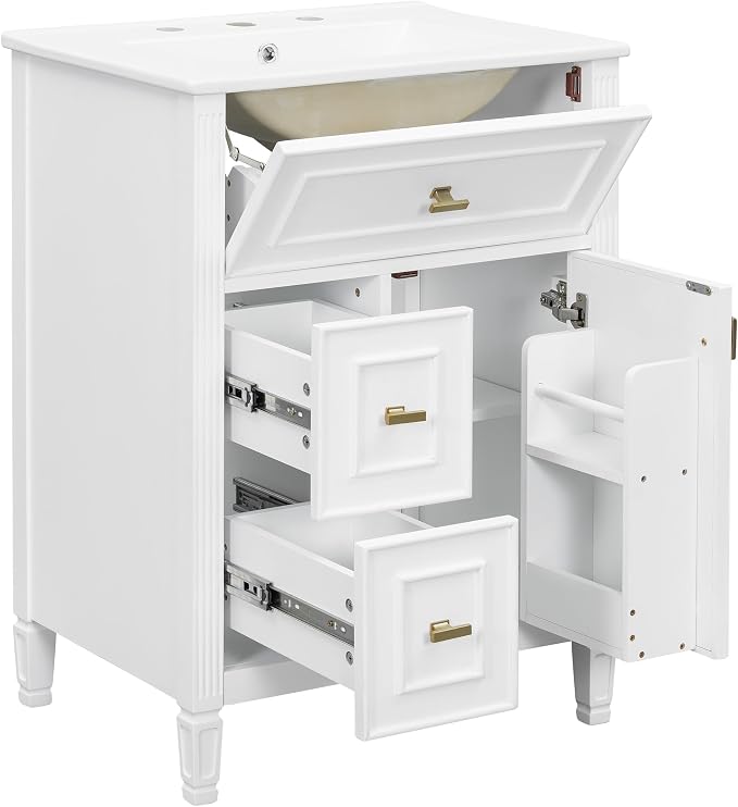 24" Modern Bathroom Vanity with Ceramic Sink, Solid Wood Frame Freestanding Storage Cabinet w/2 Drawers & Tilt-Out Drawer, Door Rack & Adjustable Shelf, Golden Metal Handles, White