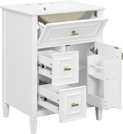 24" Modern Bathroom Vanity with Ceramic Sink, Solid Wood Frame Freestanding Storage Cabinet w/2 Drawers & Tilt-Out Drawer, Door Rack & Adjustable Shelf, Golden Metal Handles, White