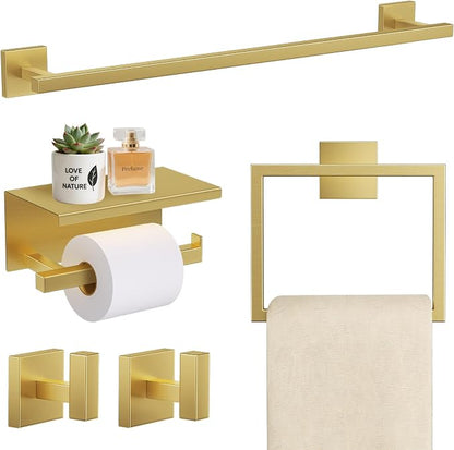 TURS Brushed Gold 5 Pieces Bathroom Hardware Set, SUS304 Stainless Steel 23.6 Inch Bath Towel Bar Set, Square Bathroom Accessories Kit Wall Mounted
