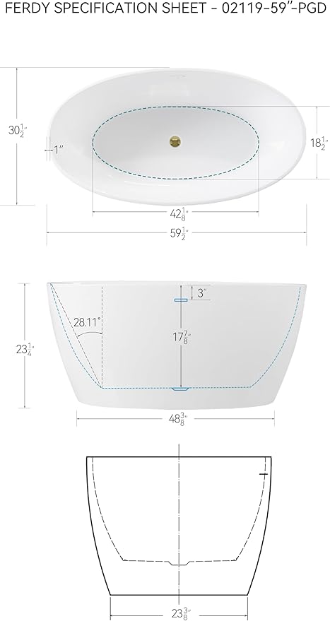 FerdY Tahiti 59" Acrylic Freestanding Bathtub, Elegant Oval Shape Bathtub, Glossy White, Polished Gold Drain & Integrated Slotted Overflow Assembly Included cUPC Certified, 02119