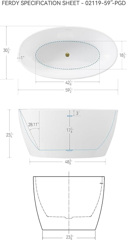 FerdY Tahiti 59" Acrylic Freestanding Bathtub, Elegant Oval Shape Bathtub, Glossy White, Polished Gold Drain & Integrated Slotted Overflow Assembly Included cUPC Certified, 02119